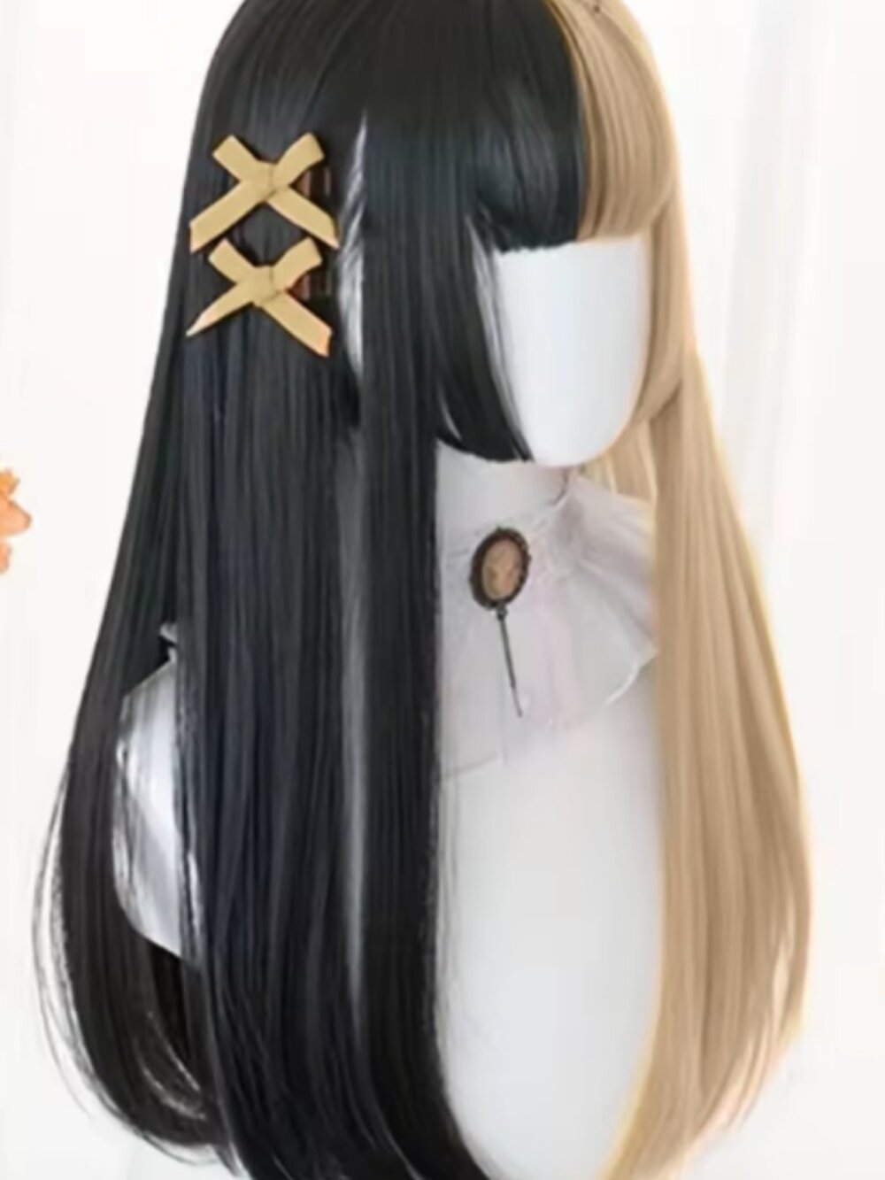 Black & Blonde Wig w/ Bangs, Hime Cut, 24inch Full Cap Synthetic Hair Cosplay